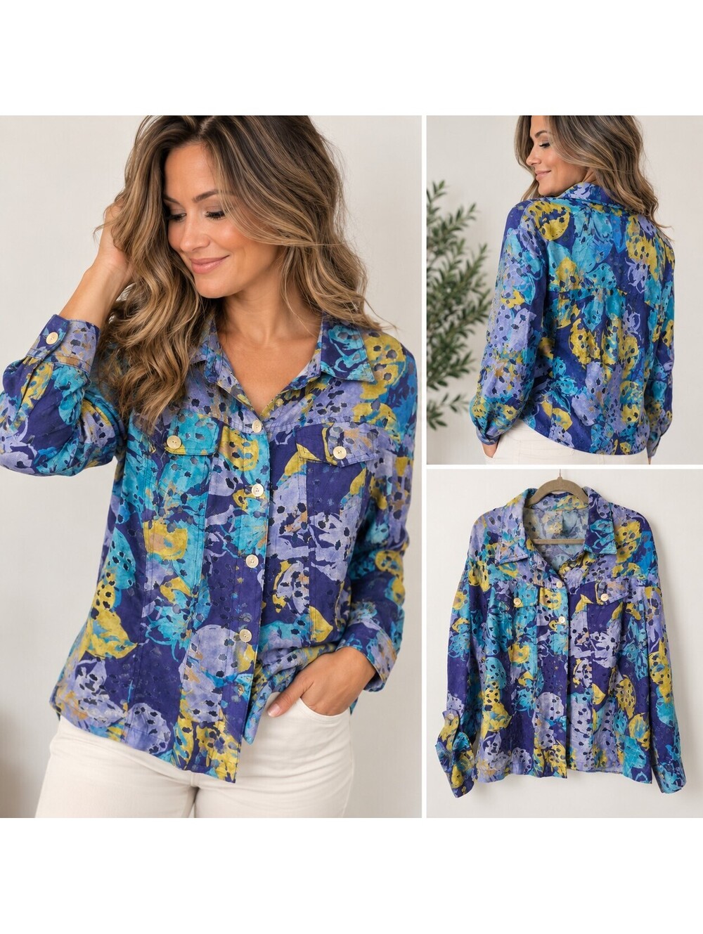 Ruby Rd Favorites Blue Floral Button Front Blouse Shirt Jacket Boho size L